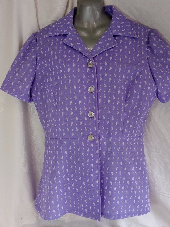 Handmade Tops - Vintage 70's Woman Light Lilac Purple White Mod Abstract Flower Blouse XL Shirt